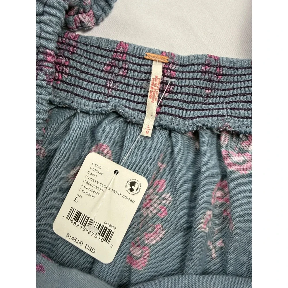 Free People L Blue Floral Peasant Blouse Boho Puff‎ Sleeve Smocked Cottagecore